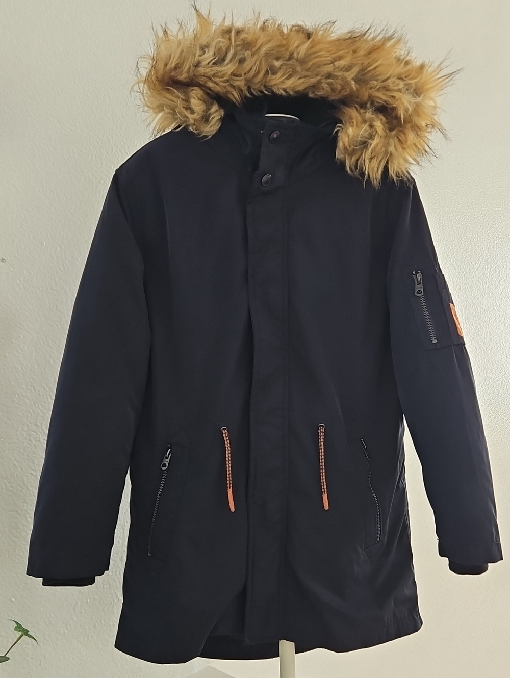 Zara Navy Parka Coat with Faux Fur Trim